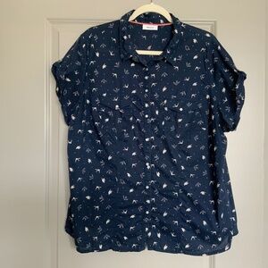 Women’s Yessica C&A Dark Blue Short Sleeve Shirt Cotton Blouse Size EU 50 / XL